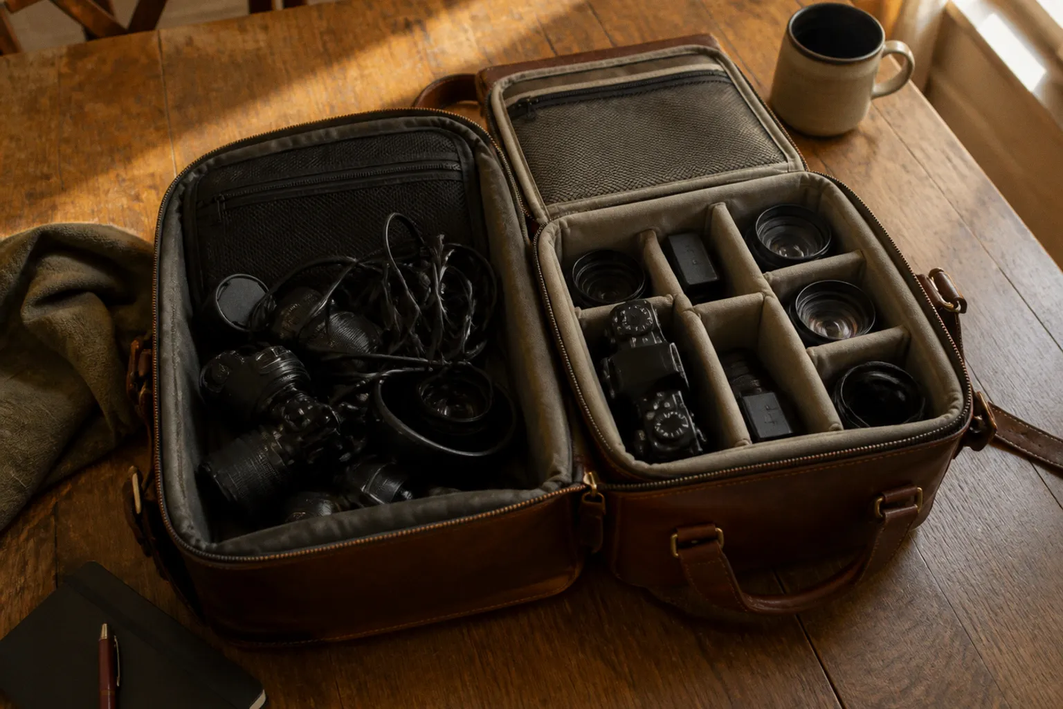Aménagement d'un sac photo en cuir : avant-après la modularité